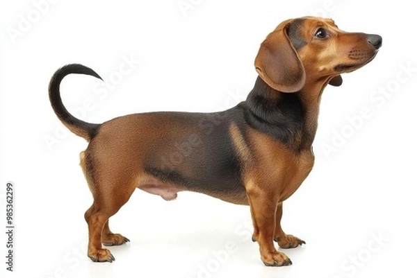 Obraz Dachshund standing and looking to the right, isolate, on a white backdrop,
