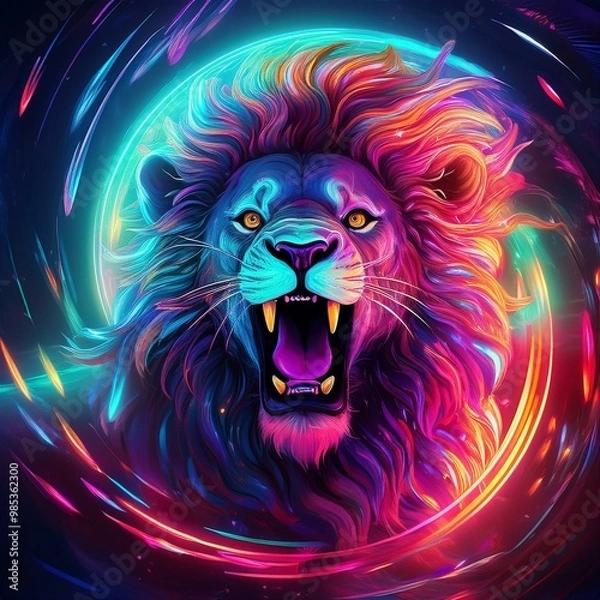 Obraz Neon lion roaring in a vortex