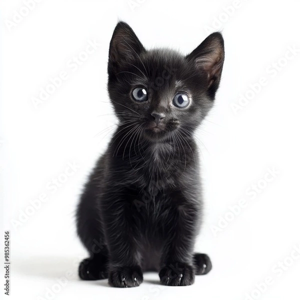 Obraz Cute black kitten sitting on white background, isolate,