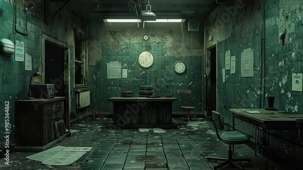 Fototapeta Abandoned Office Interior with Green Tiles and Dim Lighting