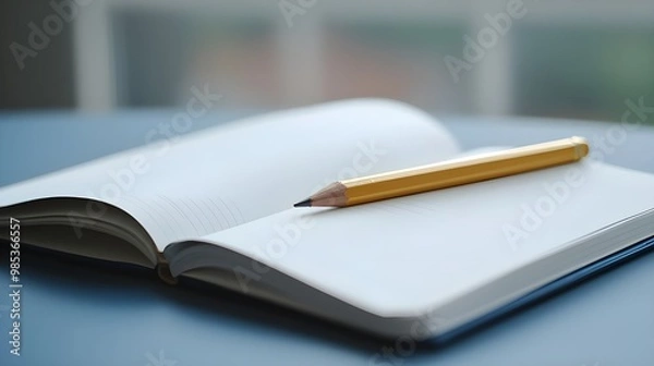 Fototapeta Open Notebook with Pencil on Blue Surface.