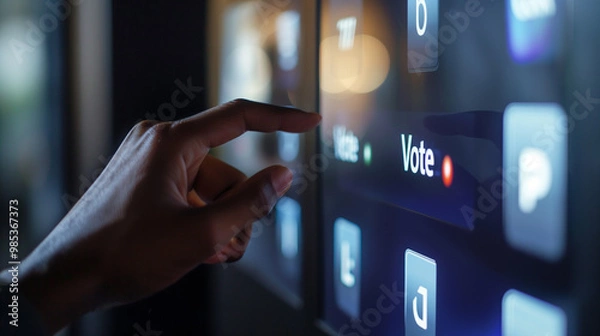 Fototapeta Hand selecting the "Vote" option on a digital touchscreen voting system