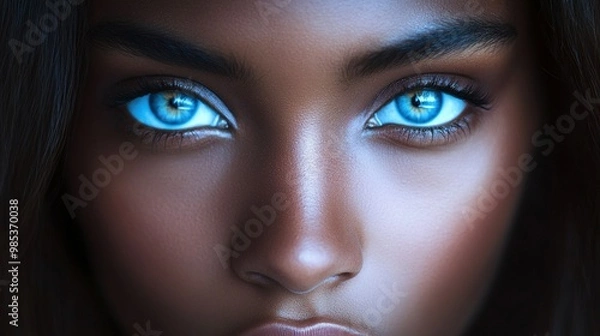 Fototapeta Primer plano de un rostro femenino con ojos azules brillantes e intensos en un enfoque detallado