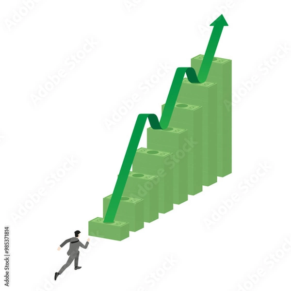 Fototapeta Professional  businessman running towards a growing stack of banknotes with a green arrow, highlighting financial success, investment strategies, and the rising global economy for business visuals