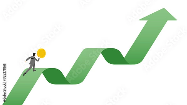 Fototapeta Vector illustration, a businessman holds a coin while running along an upward green arrow, the journey of investment and financial success in today's economy, emphasizing growth and prosperity