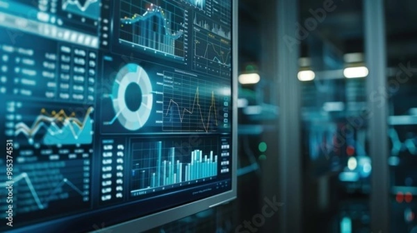 Obraz A computer monitor displays a number of graphs and charts