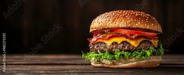 Fototapeta Close-up of a juicy cheeseburger with bacon and lettuce on a wooden table.