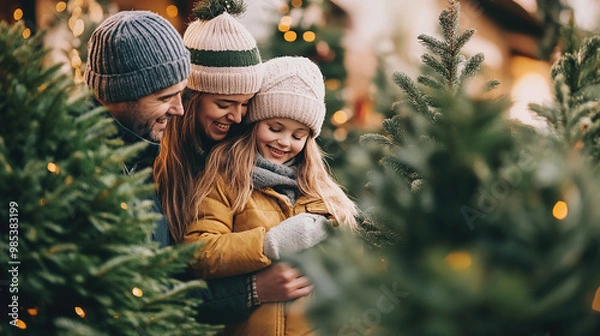 Fototapeta A happy family of a mother, father and little daughter at a green trees fair buying a beautiful natural Christmas tree on the eve of the holidays in the winter season.