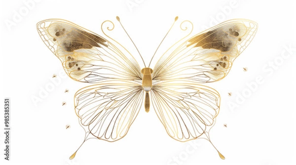 Fototapeta A line art drawing with gold accents of an butterfly, detailed character illustrations on white background