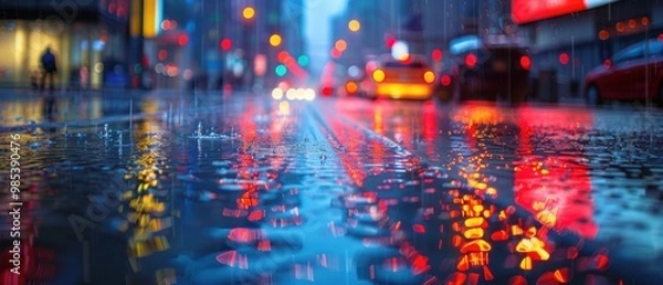 Fototapeta Rainy City Streets with Colorful Reflections at Night