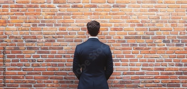 Obraz A man in a suit stands against a textured brick wall, reflecting on life and choices in a professional setting.