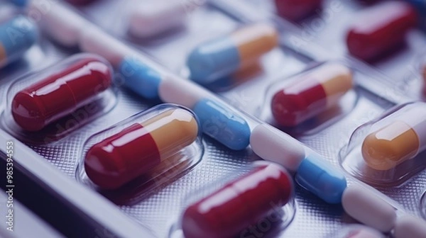 Obraz Macro view of pharmaceutical capsules and tablets in a pill box, reflecting healthcare routines and medication adherence.