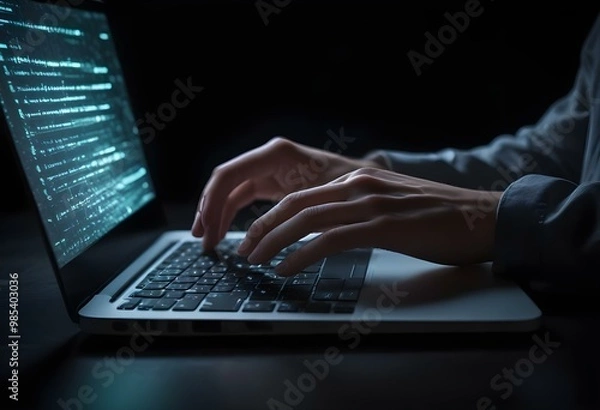 Fototapeta A person's hands are typing on a laptop keyboard in a dark environment with a glowing screen.