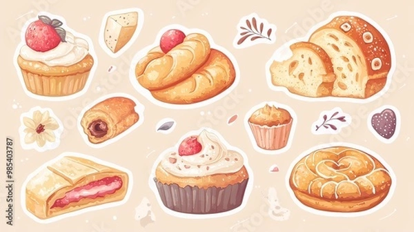 Fototapeta Delicious Bakery Stickers Featuring Baguettes Cupcakes Donuts and Other Enticing Baked Treats
