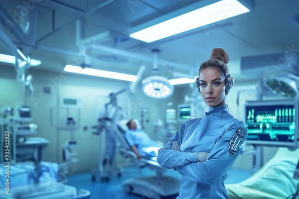 Fototapeta Cyborg medical AI Standing in front of future medical equipment