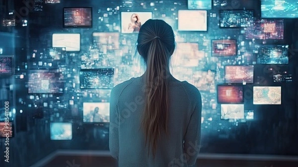 Obraz Back view of woman connecting to animated content, big data visualization of metaverse with viral video, social media profile