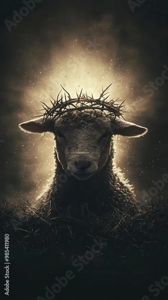 Fototapeta Artistic depiction of a lamb with a crown of thorns, glowing light surrounding it, symbolizing sacrificial atonement