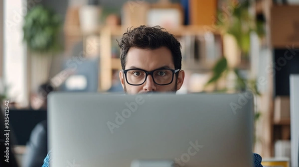 Fototapeta Hiding Behind Desk In Office.