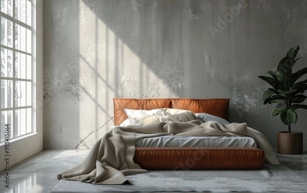 Fototapeta Industrial trendy bedroom decor with a terracotta leather bed near houseplant on pot and carpet against a grey grunge concrete wall