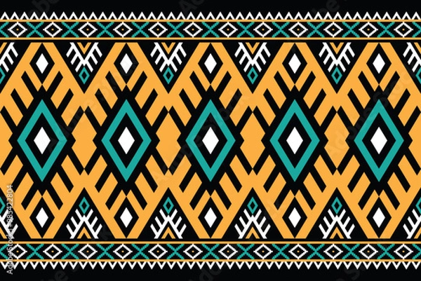 Fototapeta Colorful tribal pattern with diamond motifs. Ethnic design in yellow, turquoise, and white. Geometric shapes for textiles or digital backgrounds. Tribal pattern. Tribal pattern inspiration.