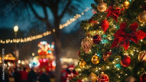 Fototapeta A classic evergreen Christmas tree adorned with traditional red and gold ornaments, set against a background of a bustling Christmas parade with colorful floats, marching bands, and cheering crowds.