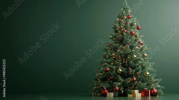 Fototapeta A classic evergreen Christmas tree adorned with traditional red and gold ornaments, set against a solid green background, evoking a timeless holiday spirit.
