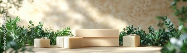 Fototapeta A tranquil scene featuring wooden blocks surrounded by lush greenery, perfect for showcasing products or creating a peaceful ambiance.