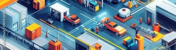 Fototapeta A vibrant aerial view of a modern warehouse with vehicles, containers, and workers, showcasing urban logistics and industry.