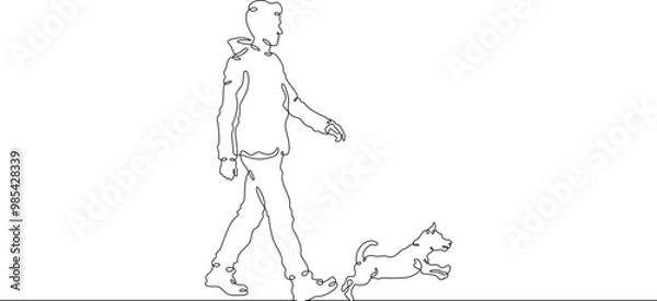 Fototapeta Continuous one line drawing man walking with dog. Young man walking with pet. Domestic animals. Running dog. One continuous line isolated minimal illustration.