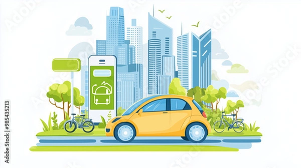 Fototapeta Electric transport, rental, sharing service on mobile phone. Eco sustainable vehicle on city street, car, bicycles. Green infrastructure concept. Flat vector illustration isolated on white background 