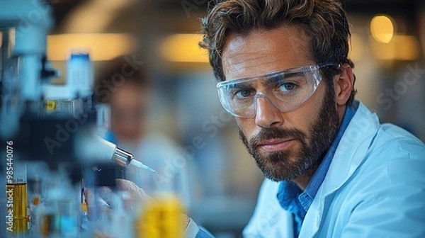 Fototapeta Serious Male Scientist in Lab Coat Looking at Camera