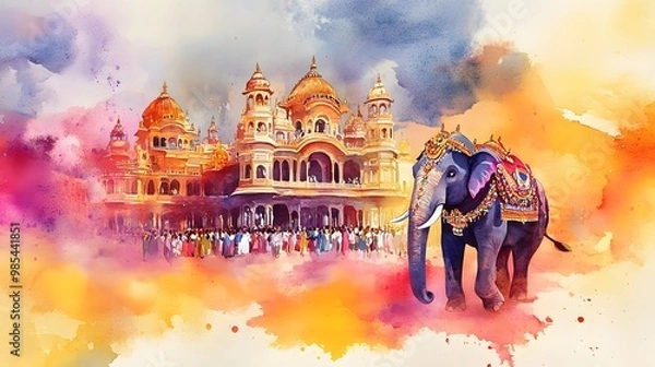 Fototapeta Watercolor illustration for mysore dasara with elephant and palace