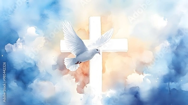 Fototapeta Watercolor illustration for whit monday with a white dove in flight against a a radiant white cross in clouds