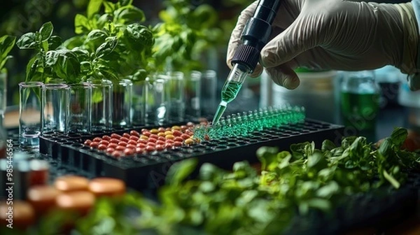 Fototapeta Laboratory Experiment with Green Liquid and Plant Samples
