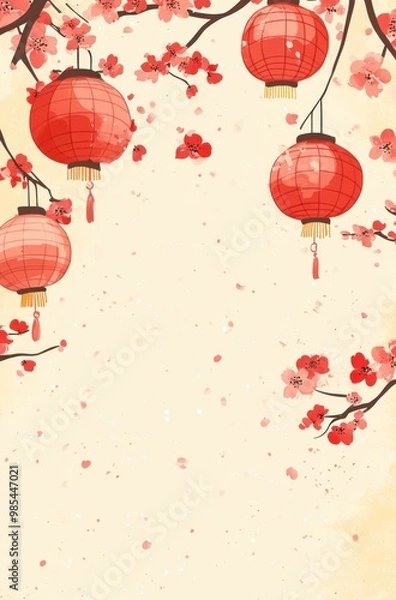 Obraz A light yellow background with red lanterns and cherry blossoms