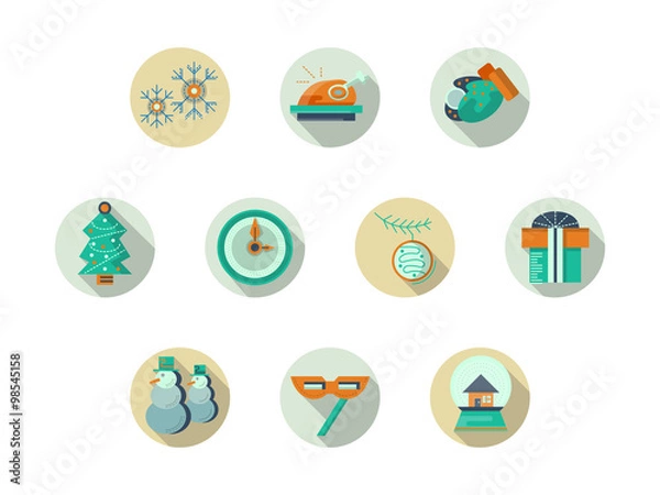 Fototapeta Christmas attributes round flat vector icons set