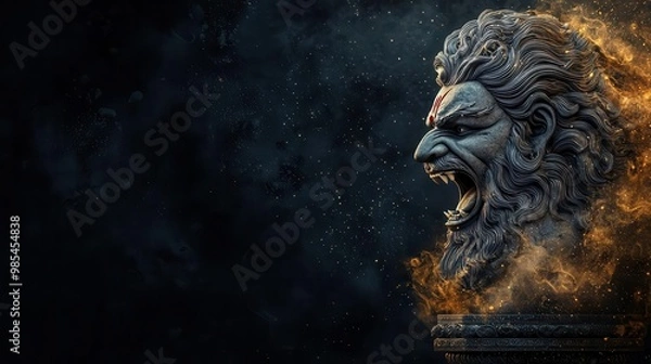 Fototapeta Narasimha, Vishnu s halflion avatar, depicted midroar, bursting out of a stone pillar, Narasimha avatar, divine rage, mythological scene