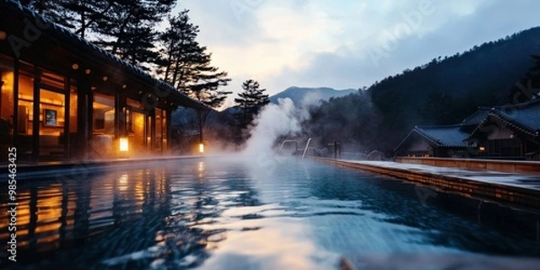 Fototapeta A spa in the mountains of South Korea offering hot spring baths, with steam rising from the natural pools against a backdrop of pine trees
