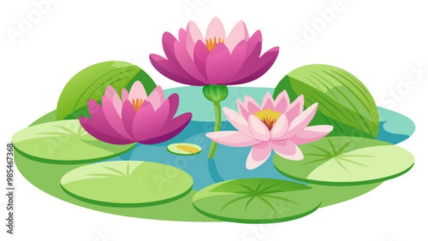Fototapeta Vibrant Water Lily Illustration - Cluster of Pink and Peach Blooms on Lush Lily Pads, Symbolic of Tranquility and Beauty in Aquatic Gardens, Water Lily Vector Illustration 
