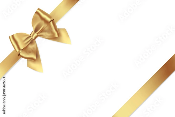Fototapeta Gold Ribbon Bow Realistic shiny satin with shadow place on corner of paper for decorate your wedding invitation card ,greeting card or gift boxes vector EPS10 isolated on white background.