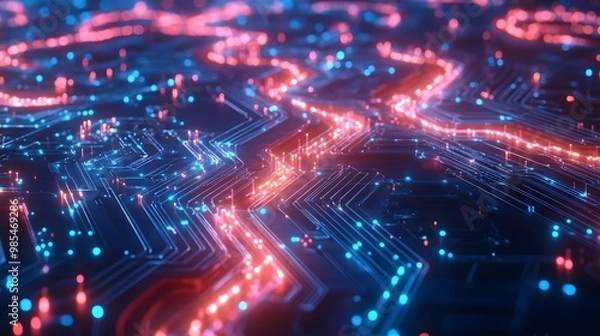 Fototapeta Abstract Circuit Board with Glowing Red and Blue Lines