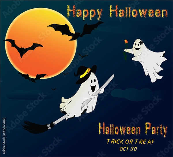 Fototapeta Halloween background with bats, ghost, moon and dark background.  happy Halloween greetings, Halloween party invitation, card, poster, banner, web