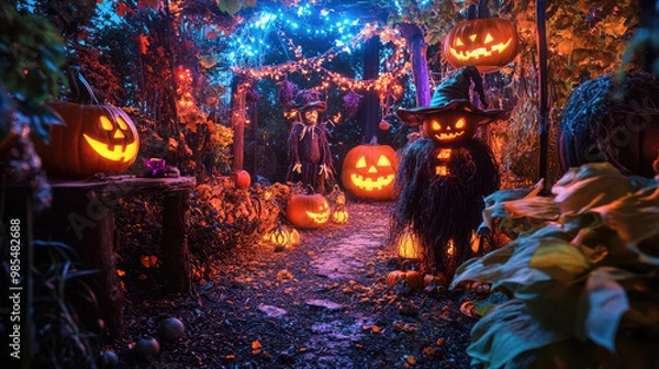 Fototapeta A charming Halloween garden bursts with colorful pumpkins, cheerful scarecrows, and glowing lanterns