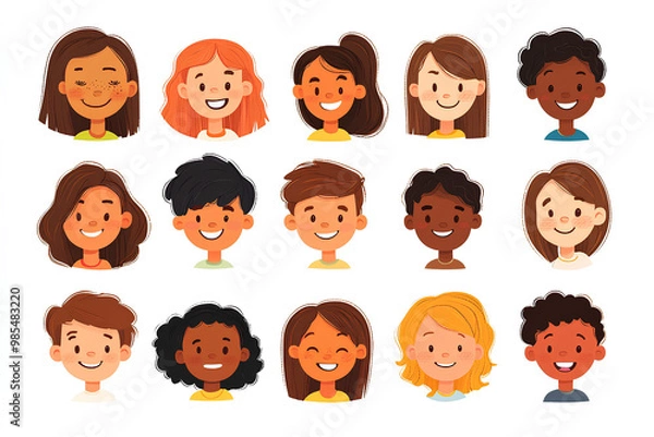 Fototapeta Bundle of smiling faces of boys and girls with different hairstyles, skin colors and ethnicities. Colorful flat vector illustration isolated on white background