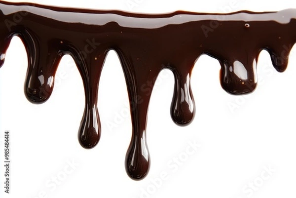 Fototapeta A close-up of thick, glossy chocolate dripping against a white background.
