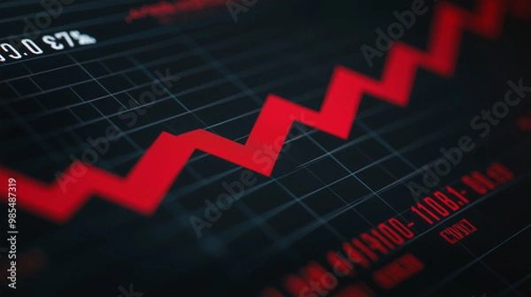 Obraz Close-up of downward-trending line graph on digital screen, symbolizing drop in earnings, financial decline visualized with charts and numbers.	
