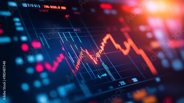 Obraz Close-up of downward-trending line graph on digital screen, symbolizing drop in earnings, financial decline visualized with charts and numbers.	