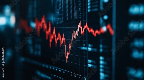 Obraz Close-up of downward-trending line graph on digital screen, symbolizing drop in earnings, financial decline visualized with charts and numbers.	