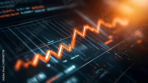 Fototapeta Close-up of downward-trending line graph on digital screen, symbolizing drop in earnings, financial decline visualized with charts and numbers.	