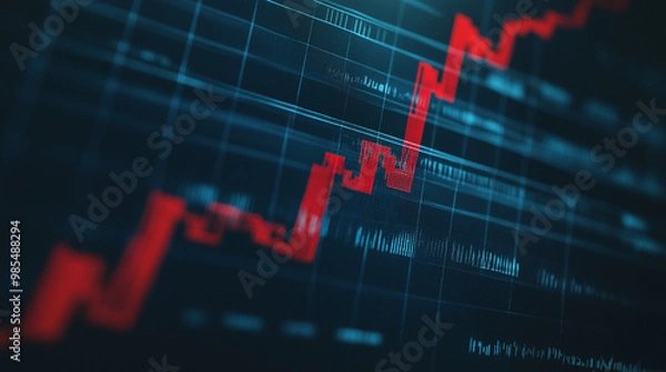 Obraz Close-up of downward-trending line graph on digital screen, symbolizing drop in earnings, financial decline visualized with charts and numbers.	